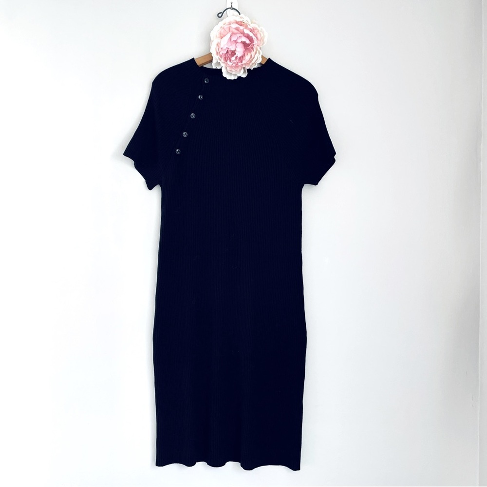 Ralph Lauren Ribbed Black Sweater Dress Merino Wool Blend Large Blue Label